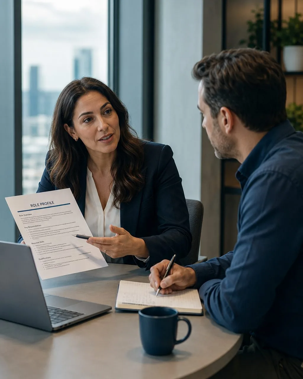 Recruiter walking a hiring manager through a role profile during an intake conversation