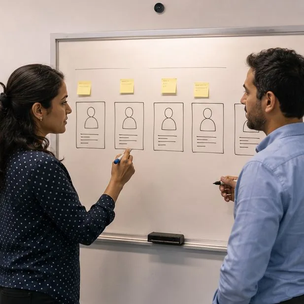 Recruiters shortlisting candidate profiles at a whiteboard