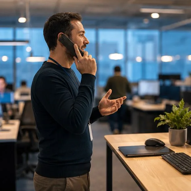 Recruiter speaking with a candidate by phone in a busy office