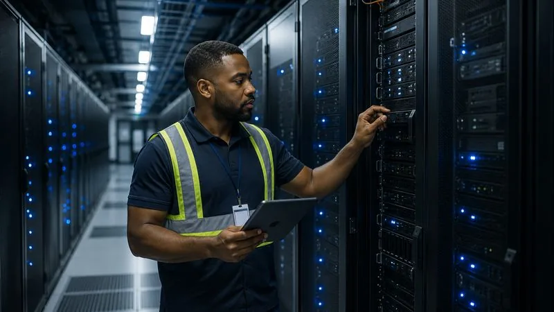 Data center technician checking a server rack with a tablet in a server aisle