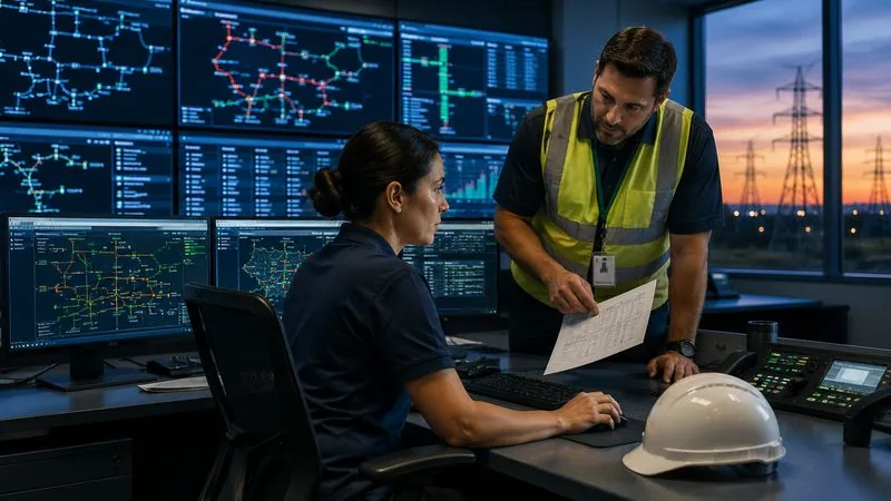 Utility control-room operator and field engineer reviewing grid status displays