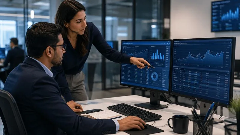 Financial operations analysts reviewing dashboards at a dual-monitor workstation