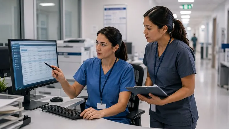 Healthcare operations staff reviewing an electronic records screen at a clinic workstation