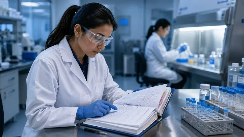 Quality specialist reviewing a validation binder in a pharmaceutical lab