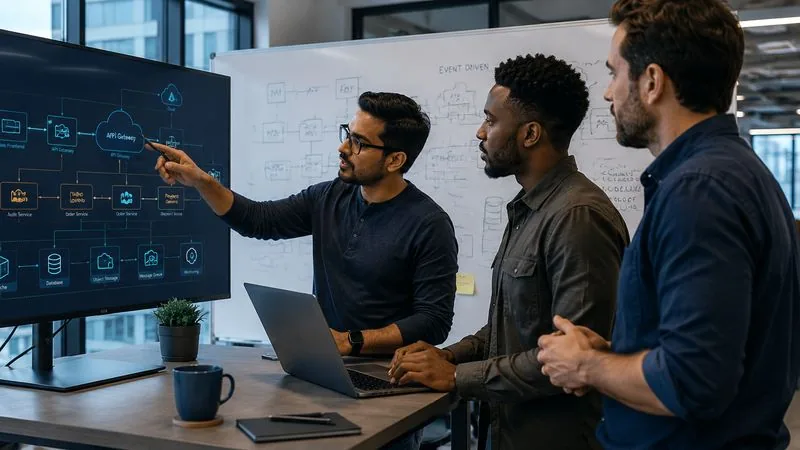 Engineering team reviewing a cloud architecture diagram together on a large screen